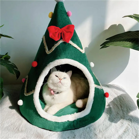 Christmas Tree Cat Bed for Indoor Cats House Tent with Detachable Pillow Xmas Cave Beds for Pets Cats and Dogs (23.6 X 21.7 Inch Green Xmas Tree)